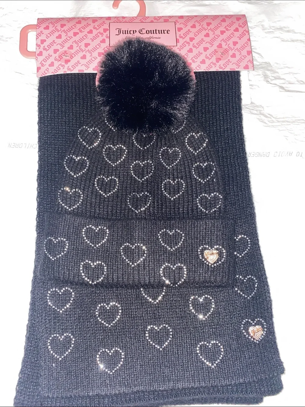 Juicy Couture Black Rhinestone Heart Pom Beanie and Scarf Set